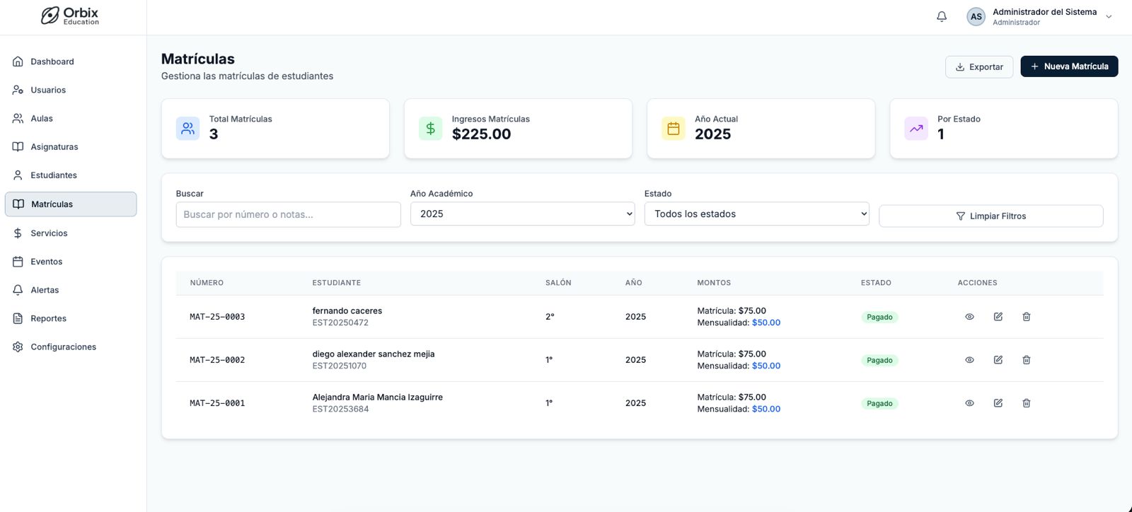 Gestión de estudiantes en Orbix Education - Administración de matrículas y expedientes